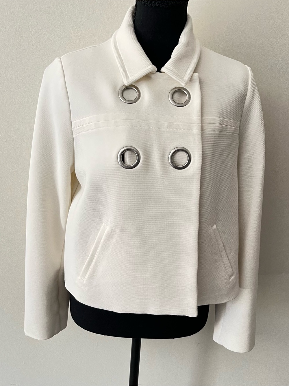 Chico’s Ivory Double Breasted Copped Boxy Jacket Silver Grommets 8-10